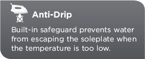 Anti-Drip. Builtin safeguard prevents water from escaping the soleplate when the temperature is too low.